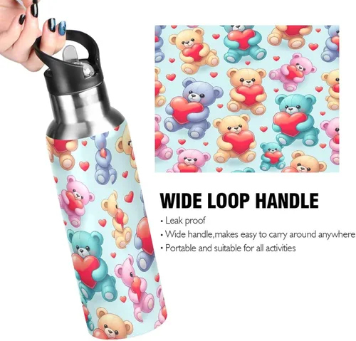 Miniatura 4 de Insulated Water Bottle 32 Oz, BPA-Free Sports Water Bottle with Straw for Gym Outdoor Travel School, Cute Bears Red Hearts