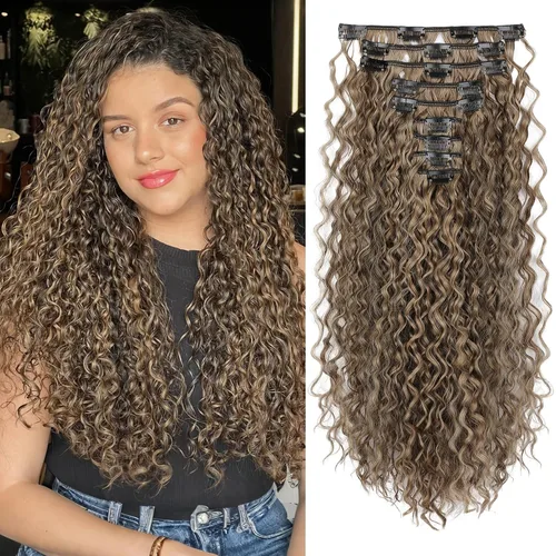 Miniatura 21 de LONAI Extensión de Cabello, 9 piezas, 56 cm de largo, castaño, extensiones de cabello rizadas con pinza, LN002, extensiones de cabello sintético
