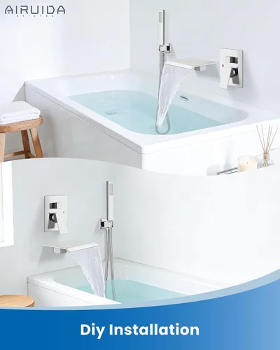 Miniatura 7 de Airuida Grifo de Bañera de Montaje en Pared con Caño de Cascada para Bañera, Grifo de Bañera Montado en la Pared con Ducha de Mano, Mango Único