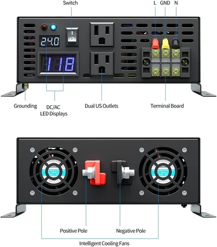 Miniatura 2 de WZRELB Inversor de energía solar confiable de onda sinusoidal pura 3000w 24v 110-120v 60hz con pantalla LED (negro) Sistema solar