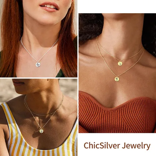 Miniatura 2 de ChicSilver Collar de plata de ley 925 con colgante de moneda de disco floral grabado, plata y oro (con caja de regalo)