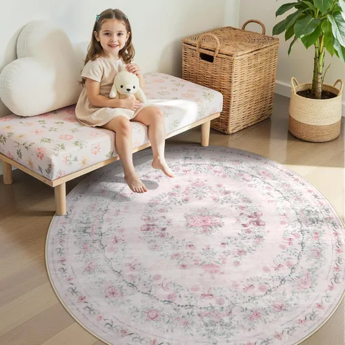 Miniatura 25 de Wonnitar Alfombras rosas para dormitorio, niñas, guardería, alfombra lavable con estampado floral de 5 x 7 pies, bohemio, ultrafina, antideslizante