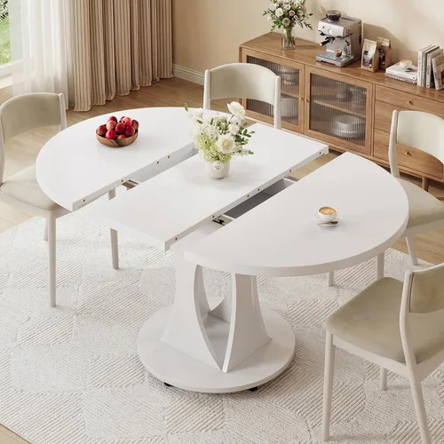 Miniatura 16 de iPormis Mesa de comedor extensible de 43 a 59 pulgadas, mesa de cocina redonda con pedestal de arcos modernos, mesa de comedor ovalada con hojas
