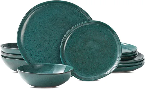 Bestone Juego de vajilla redonda de 12 piezas, platos y cuencos, platos, cuencos, juego de vajilla de cerámica resistente a astillas, apto para