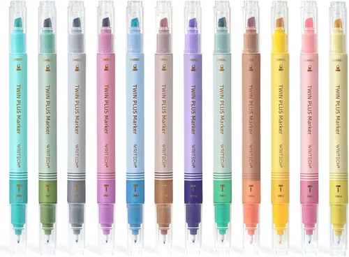 WRITECH - Rotuladores resaltadores de doble punta: elegantes marcadores multicolores vintage de punta fina y cincel en colores pastel, sin manchas