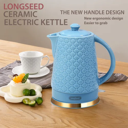 Miniatura 5 de Hervidor eléctrico de cerámica, 1.5L/1200W hierve agua rápida y fácilmente con protección contra hervido en seco y apagado automático, base Azul