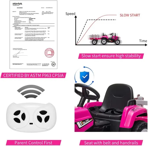 Miniatura 4 de Tractor Eléctrico de 12V con Batería para Niños con Remolque, Carro Montable para Niños Pequeños con Control Remoto/7 Faros LED/Cambio de Marchas