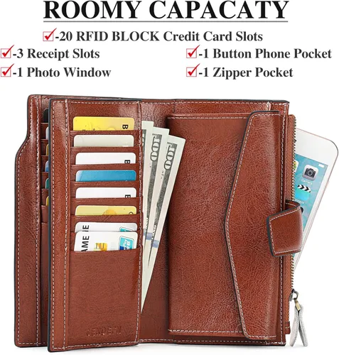 Miniatura 3 de SENDEFN Carteras de cuero para mujer, con bloqueo RFID, tarjetero con bolsillo con cremallera, Beige Marrón, Minimalista