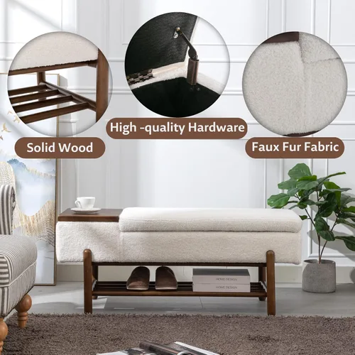 Miniatura 3 de ROCITY Banco de sherpa beige para dormitorio, extremo de la cama, banco otomano tapizado con asiento acolchado para sala de estar, entrada, lana