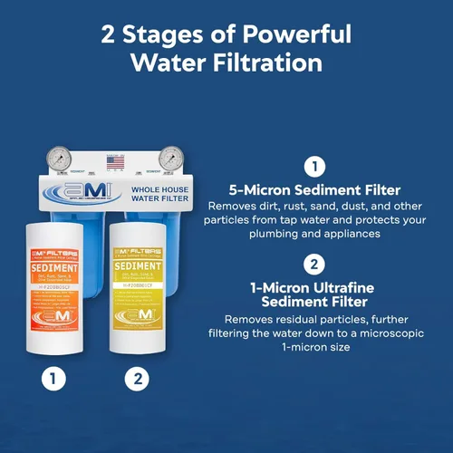 Miniatura 7 de Applied Membranes Inc. Sistema de filtro de agua de 2 etapas para toda la casa, 1 micrón y 5 micrones 4.5 pulgadas por 10 cartuchos de filtro