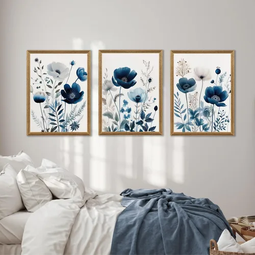 Miniatura 4 de DUWQU 3 piezas de arte de pared en lienzo floral azul marino, marco de madera azul marino, flores silvestres lirio, margaritas, decoración de pared