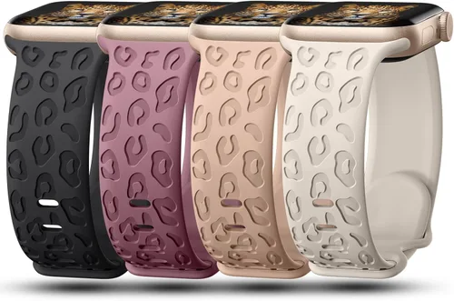 Miniatura 7 de CreateGreat - Paquete de 4 bandas grabadas con diseño de leopardo compatibles con Apple Watch para mujeres de 38mm 40mm 41mm 42mm 44mm 45mm 46mm