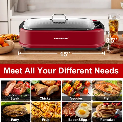 Miniatura 2 de Parrilla eléctrica para interiores sin humo, Techwood de 1500 W, con tapa de vidrio templado, parrilla de barbacoa coreana portátil antiadherente
