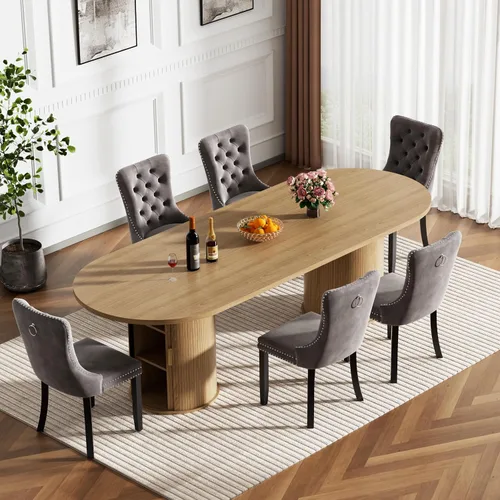 Miniatura 26 de Mesa de comedor redonda extensible con base de almacenamiento, mesa de comedor expandible natural de 63 a 94 pulgadas para 10 personas, mesa