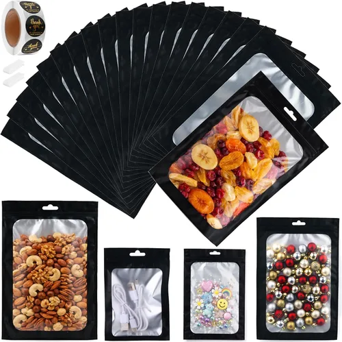 Miniatura 24 de Paquete de 150 bolsas holográficas de Mylar de 5 x 8 pulgadas con ventana transparente, pequeñas bolsas de papel de aluminio resellables