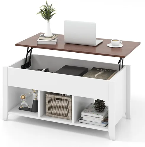 GOFLAME Mesa auxiliar elevable, mesa central con mesa elevadora, compartimento oculto, 3 estantes abiertos, patas medias, almohadillas