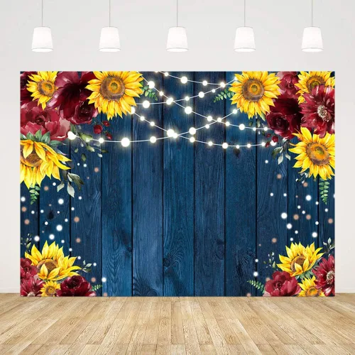 Miniatura 2 de MEHOFOND Telón de fondo de girasol azul marino burdeos para bodas, fiestas, cumpleaños, suministros de suministros de pancartas de madera rústica