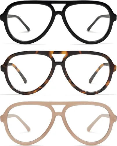 Miniatura 9 de AMOMOMA Paquete de 3 Gafas de Lectura Aviador Retro Extragrandes para Mujeres y Hombres, Marco Grande Clásico con Filtro de Luz Azul