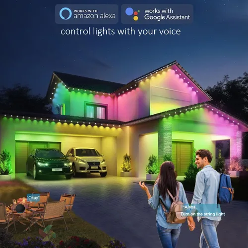 Miniatura 4 de Rosykite Luces de Navidad al Aire Libre - 50 pies de luces inteligentes RGB+IC para canalones con 63 escenas, impermeables IP67, control de voz