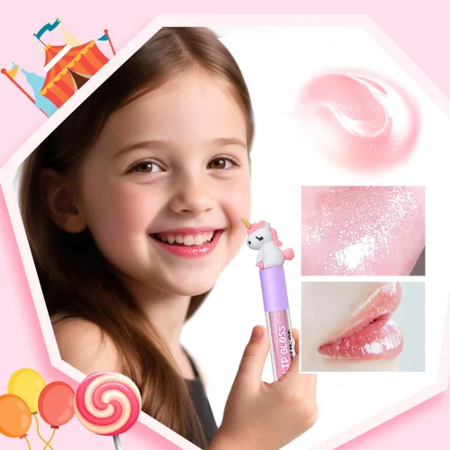 Miniatura 2 de M&U MAKE YOU UP 4 unidades de brillo de labios de unicornio para niñas, juego de labios brillantes para recuerdos de fiesta con decoración mágica