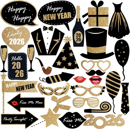 KatchOn, Accesorios para cabina de fotos de Año Nuevo con purpurina 2026 – Paquete de 32 | Accesorios de cabina de fotos de Nochevieja para