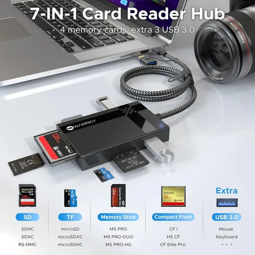 Miniatura 2 de Lector de Tarjetas SD 7 en 1, WARRKY [Conector Dual USB3.0/USB C, Cable de Nylon de 2.5 Pies] Hub Adaptador de Tarjeta de Memoria de Cámara