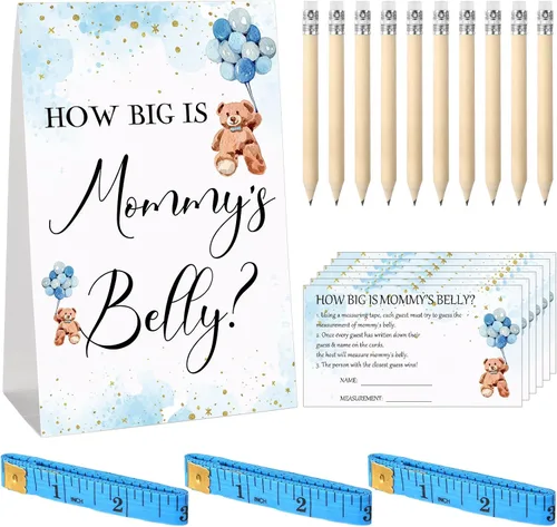 Miniatura 28 de Sabary 64 Piezas Juegos de Baby Shower Incluyen Letrero How Big is Mommy's Belly Sign Measure Bump Game 50 Tarjetas 10 Lápices 3 Cintas Métricas