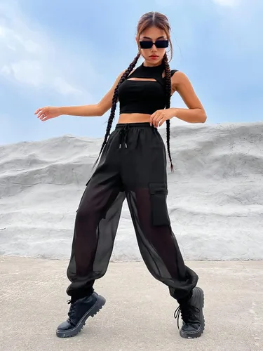 Miniatura 6 de OYOANGLE Pantalones cargo de malla transparente con cordón en la cintura y bolsillo con solapa para mujer