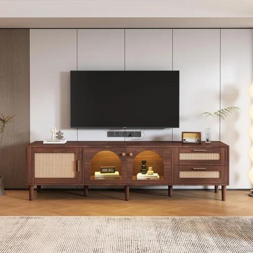 Miniatura 21 de JIVOIT Moderno soporte de TV de ratán para televisores de hasta 80 pulgadas, mesa consola inspirada en ratán con 3 gabinetes y 2 cajones, armario