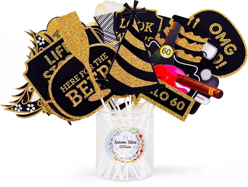 Miniatura 3 de Accesorios para cabina de fotos de cumpleaños 60 – 41 piezas de decoraciones de fiesta de cumpleaños negro y dorado para hombres y mujeres