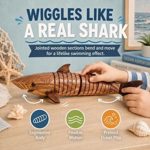 Miniatura 3 de Garneck Modelo de tiburón de madera de 12.9 pulgadas: escultura de animal para pintar y jugar, figura de pez flexible articulada para artes