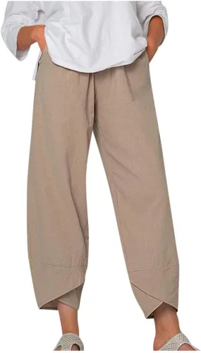 Miniatura 11 de Pantalones Capri de Lino de Algodón para Mujer 2025, Pantalones Palazzo Recortados Casuales con Estampado, Cintura Elástica, Pantalones Holgados