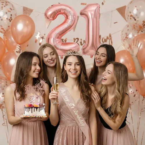 Miniatura 2 de Decoraciones de cumpleaños número 21 para ella: banda de oro rosa, corona, adorno de pastel, velas digitales, juego de globos, tarjeta de cumpleaños