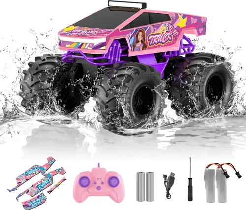 Auto de control remoto anfibio, camión monstruo rosa 1:18, juguetes para niñas, autos RC de 2.4 GHz, camiones RC impermeables de 2.4 GHz, camioneta