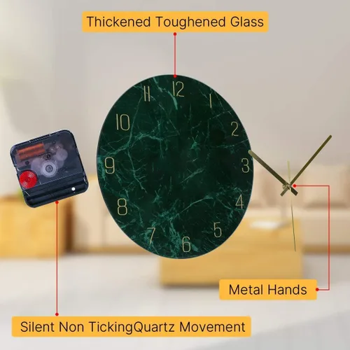 Miniatura 4 de VIKMARI Reloj de pared de cristal verde esmeralda, silencioso, sin tictac, funciona con pilas, 10 pulgadas, textura moderna de mármol, decoración