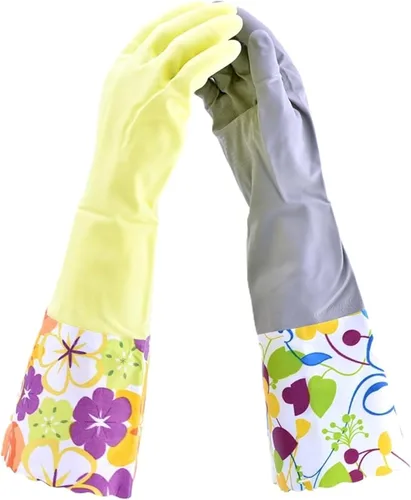 Miniatura 15 de Guantes domésticos de limpieza sin látex, guantes grises y amarillos con forro suave, puño largo de 15 pulgadas y agarre (2 pares), talla L