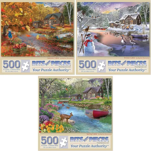 Bits and Pieces Juego de tres rompecabezas para adultos – Cabaña de otoño, invierno y primavera – 500 piezas de 18 x 24 pulgadas (tres rompecabezas