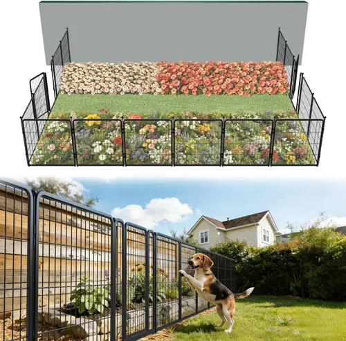 Miniatura 50 de FXW - Valla de jardín metálica y resistente para exteriores, barrera para perros y conejos, fácil instalación, negro, 24 pulgadas de alto x 11.1