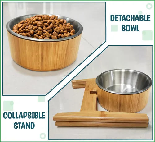 Miniatura 2 de Cuencos elevados para perros para razas grandes, soporte elevado de bambú (15 pulgadas de alto) con plato de acero inoxidable, adecuado