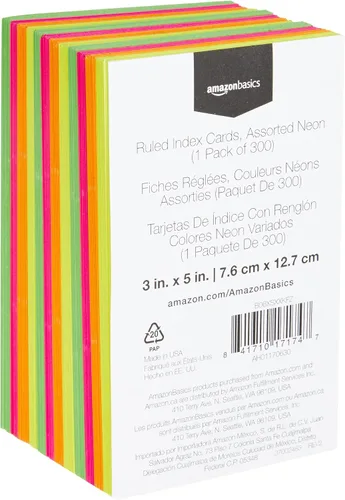 Miniatura 2 de Amazon Basics Tarjetas de índice rayadas para estudiar y tomar notas, colores neón surtidos, 3 x 5 pulgadas, 300