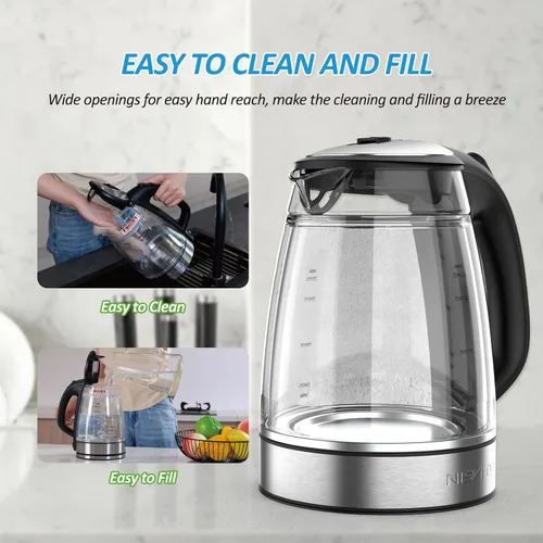 Miniatura 8 de NISVITU Hervidor eléctrico inalámbrico de vidrio y acero inoxidable para hervir agua, hervidor de agua caliente Hervidor eléctrico de té con apagado