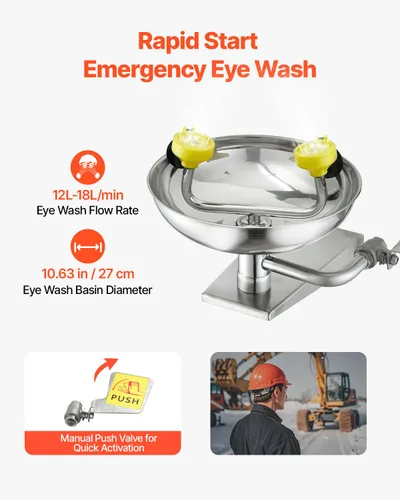 Miniatura 5 de VEVOR Estación de lavado de ojos de emergencia, unidad de lavado de ojos montada en pared de acero inoxidable, lavabo de primeros auxilios para ojos