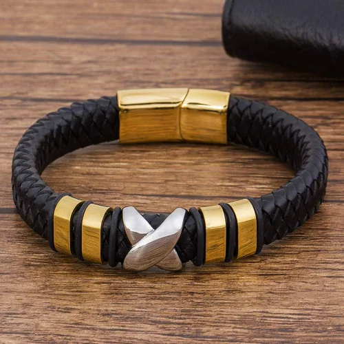 Miniatura 3 de TTNDstore 10081 - Pulsera de cuero genuino para hombre color dorado trenzado accesorios