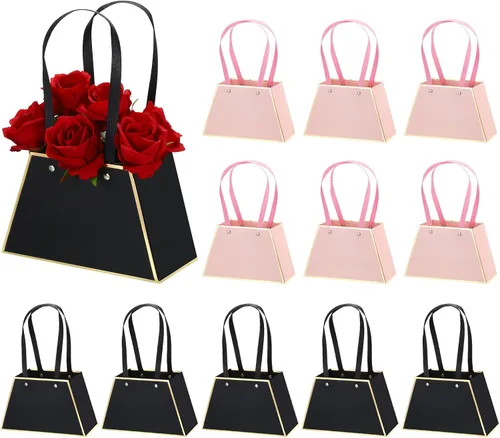 PATIKIL Bolsas de regalo de flores de papel, 12 bolsas de regalo de flores de ramo de papel con asa bolsa de mano con ribete trapezoidal para Negro