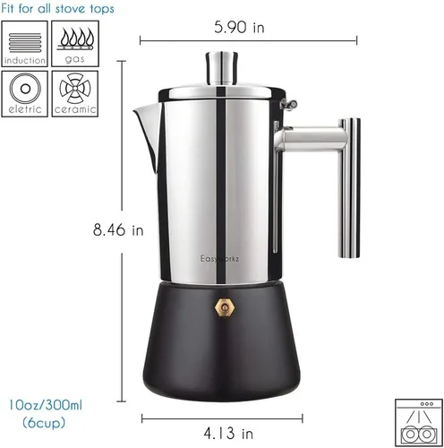 Miniatura 3 de Easyworkz Diego - Cafetera de café expreso de acero inoxidable de 6 tazas de 10 onzas, con cuchara de café retro de acero inoxidable con mango