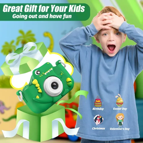 Miniatura 6 de Cámara para niños, mejorada, diseño de dinosaurio, regalos de Navidad y cumpleaños para niños de 3 a 12, cámara digital 1080P HD para selfies