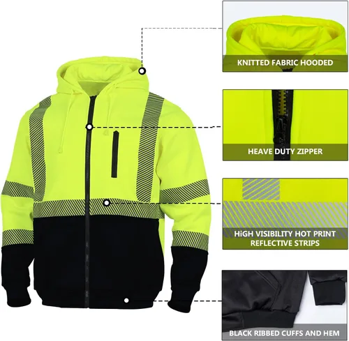 Miniatura 5 de VENDACE Sudadera de Forro Polar Reflectante de Alta Visibilidad ANSI Clase 3 para Hombres, Sudadera con Capucha de Alta Visibilidad con Cremallera