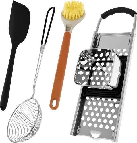 Miniatura 9 de Spaetzle Maker de acero inoxidable, prensa Spaetzle con mango de agarre, prensa alemana para fabricar fideos con espátula, colador skimmer y cepillo