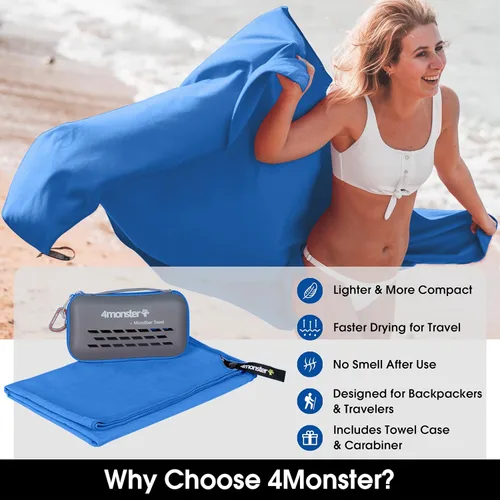 Miniatura 2 de 4Monster - Toallas superabsorbentes, microfibra ultrasuave y compacta de secado rápido para gimnasio, natación, playa, senderismo, yoga, viajes, Azul