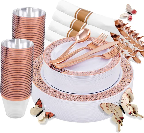 Vajilla de plástico desechable de color dorado rosado, incluye: 50 platos de cena, 50 platos de postre, 50 servilletas enrolladas con cubiertos de